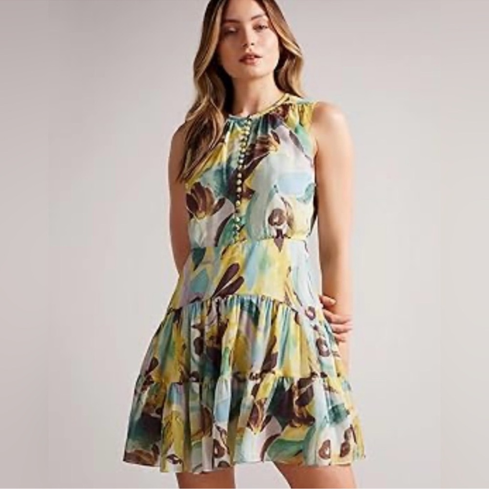 TED BAKER Ellain button up printed sleeveless Floral Tiered Dress 2